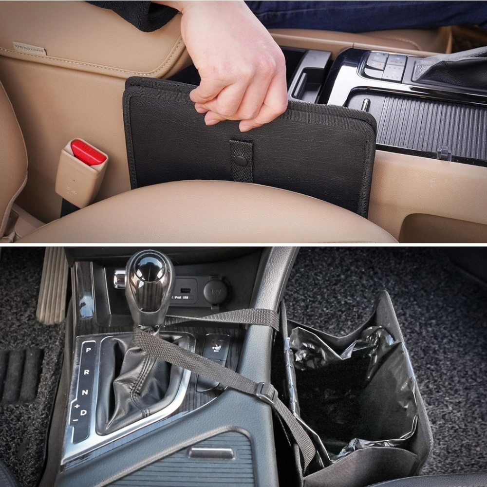 KMMOTORS Car Trash Can, Leather Car Trash Bag Foldable Hanging Black